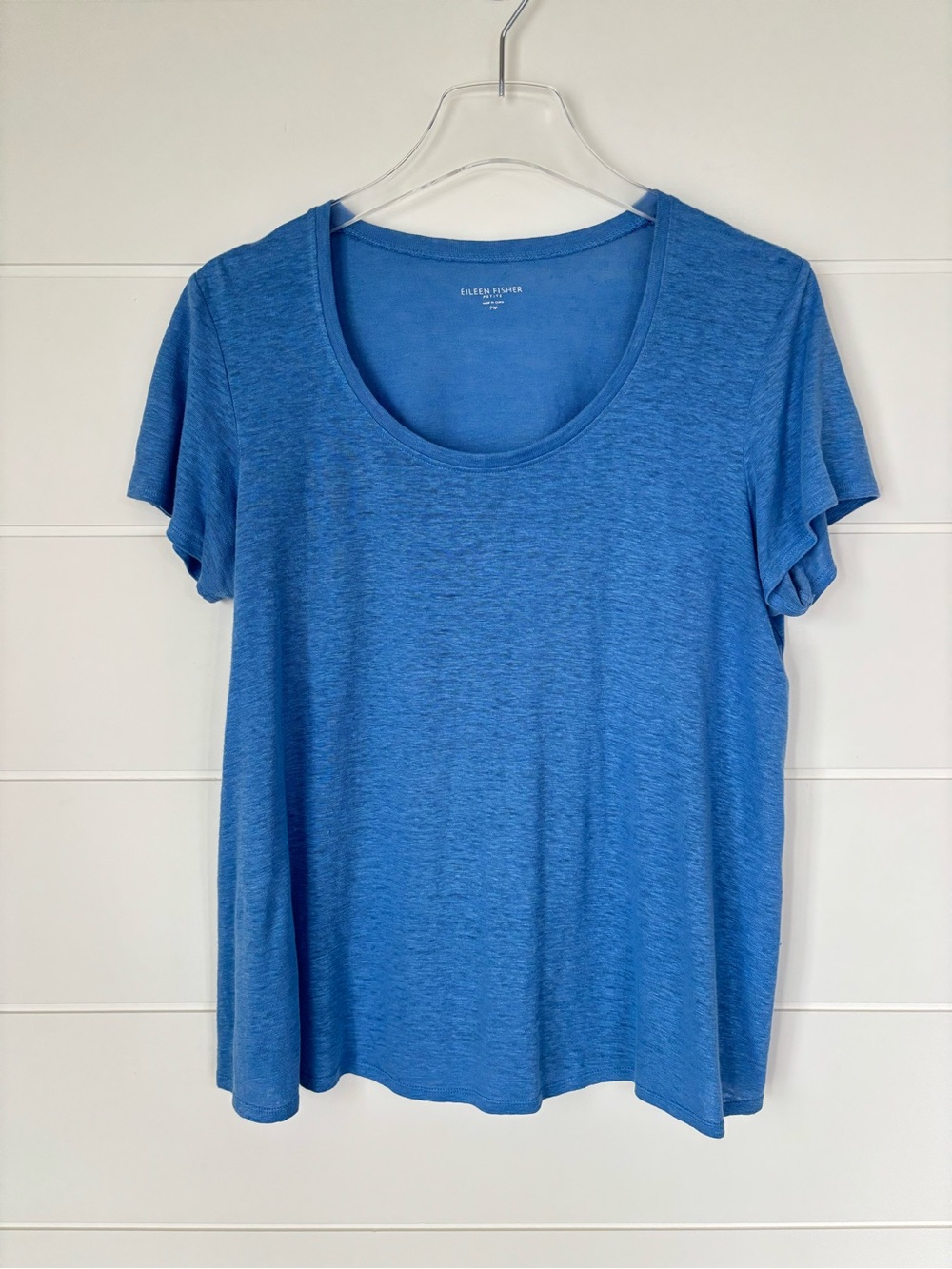 Eileen Fisher Relaxed Scoop Neck Short Sleeve Blue Linen Top Women's PM